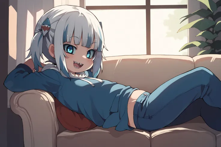 score_9, score_8_up, score_7_up, score_6_up, score_5_up, score_4_up, source_anime, solo, side view, inside, couch, living room, window, sunset, looking at viewer, blue eyes, white hair, open mouth, smile, sharp teeth, (pitm:.8), solo, female, humanoid, shark humanoid, shark tail, blue highlights, blunt bangs, pigtails, short hair, small breasts, blue hoodie, denim pants, sitting, reclining