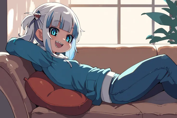 score_9, score_8_up, score_7_up, score_6_up, score_5_up, score_4_up, source_anime, solo, side view, inside, couch, living room, window, sunset, looking at viewer, blue eyes, white hair, open mouth, smile, sharp teeth, (pitm:.8), solo, female, humanoid, shark humanoid, shark tail, blue highlights, blunt bangs, pigtails, short hair, small breasts, blue hoodie, denim pants, sitting, reclining