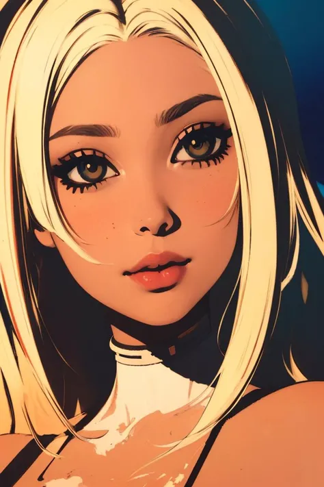 a <lora:Alexandra Fomina Style:1> closeup portrait, painting art of a pretty, white, 24yo woman posing, 1girl bleached blonde hair, dark eyebrows, bikini, weapon, dark fallout wasteland, simple colors