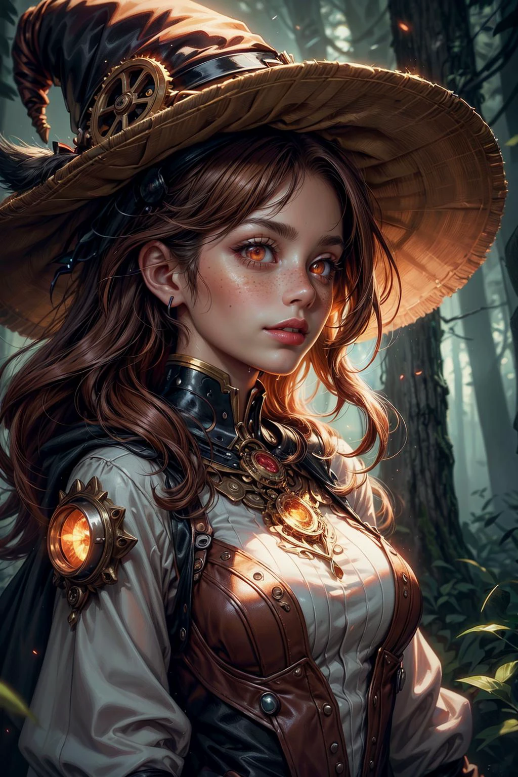 (Masterpiece:1.2), best quality, (illustration:1.2), (ultra-detailed), hyper details, (delicate detailed), (intricate details), clear line, high contrast, colorful, (Photoshop Pastel Painting), (Cinematic masterpiece), <lora:add_detail:1>, <lora:sharpen-soften:-0.25>, <lora:kittew_v0.1:0.3>,
1 girl, adult (elven:0.7) woman, freckles, red eyes, light brown shag hair,
Style-GravityMagic, portrait, looking down, solo, upper body, detailed background, (<lora:SteamPunkBundleV3:0.4>, cogpunkai, cogpunk theme:1.1), light smile, witch hat, witch, (glowing eyes:1.1), hair flowing in the wind, red trimmed light colored clothes, dark sinister forest background, colorful whirlwind of glowing magic flames in the air, ethereal glow, midnight, rain, wet, drenched, cinematic atmosphere,