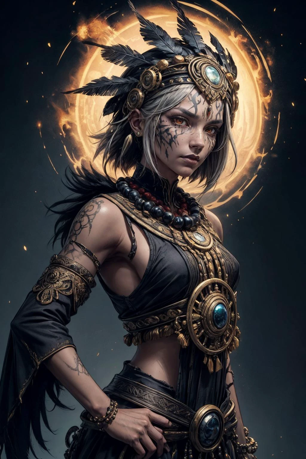 (best quality, masterpiece:1.2), 8k detailed cgi render, thick outlines, strong shadows, <lora:add_detail:0.75>, <lora:sharpen-soften:0.25>, <lora:realistic:0.35>, <lora:kittew_v0.1:0.4>,
(1man, wrinkled face, old welsh male:1.2), red eyes, graying hair, taper fade,
(style-swirlmagic:0.8), solo, upper body, detailed background, detailed face, (inca theme:1.1), wise, black facepaint, elemental shaman, mystical, black feathered clothes, beads, totem, obsidian, headdress, dynamic pose, rock formations in background, cinematic atmosphere,