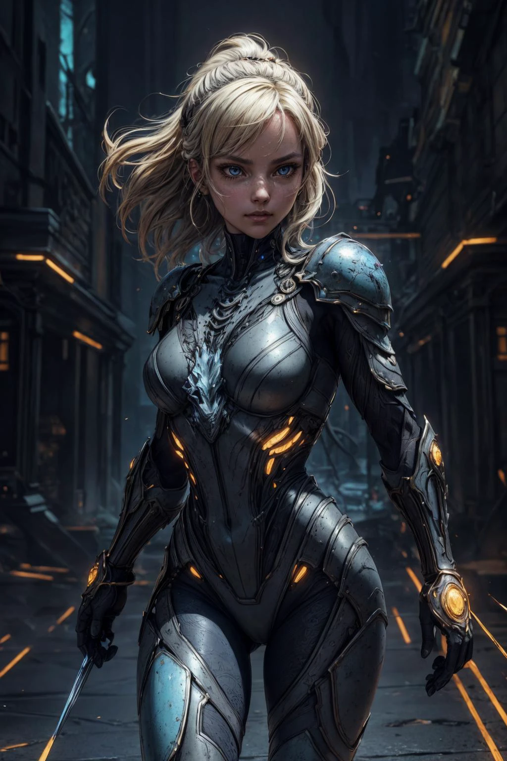 (Renaissance style, Realistic, perspective, light and shadow, religious or mythological themes, highly detailed,:1.1)
(best quality, masterpiece:1.2), photorealistic, thick outlines, strong shadows, <lora:add_detail:0.75>, <lora:sharpen-soften:0.25>, <lora:realistic:0.35>, <lora:kittew_v0.1:0.4>,
1 girl, adult woman, aquamarine eyes, blonde textured hair,
portrait, looking at viewer, solo, (full body:0.6), detailed background, close up, detailed face, futuristic shining digital cobalt armor, circular pattern, cape, high-tech, wires, advanced technology, nanotech, (small high-tech goggles:0.8), head-up display, dynamic pose, epic futuristic city in background, yellow lights, flashes of light, neon lights, lasers, sparks, explosions, screens, cinematic atmosphere,