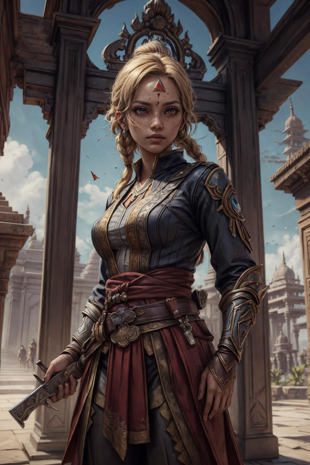 (best quality, masterpiece:1.2), photorealistic, thick outlines, strong shadows, <lora:add_detail:0.75>, <lora:sharpen-soften:0.25>, <lora:realistic:0.35>, <lora:kittew_v0.1:0.4>,
1 girl, adult woman, freckles, red eyes, blonde prom hairstyle,
(bloody scars:0.7), looking at viewer, solo, (full body:0.6), detailed background, <lora:MahabharataPunkAI:0.6>, MahabharataPunkAI, India, temple, hindu indian theme, focusing, assassins creed, initiate assassin, hidden wrist-blade, gray elaborate assassin clothes, leather pouches, revolutionary, dynamic pose, closed gate in background, floating particles,
