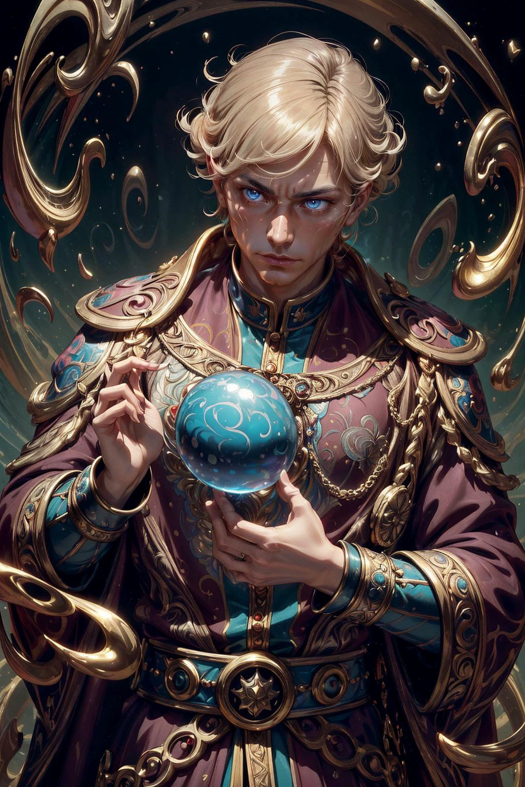 (Neo-Baroque, ornate and elaborate, dynamic, Neo-Baroque,:1.1), soft lighting, fantastic colorful, (masterpiece:1.2), ultra-detailed, (best quality), illustration, <lora:tangbohu-detailer_1.0:1>, <lora:sharpen-soften:-0.5>, <lora:realistic:0.1>, <lora:kittew_v0.1:0.4>,
(1man, masculine adult german male:1.2), coral eyes, light blonde hair, high-fade,
Style-GravityMagic, solo, upper body, looking up, detailed background, detailed face, (<lora:ZonaiAIv8:0.6>, ZonaiAI theme:1.1), ancient oracle, mystic, calm resolve, transcendental, reflections, (gold trimmed:0.8) purple robes, long sleeves, magical gemstones, ancient scrolls, swirling ethereal fog radiating from eyes, magic smoke pouring from eyes, floating runes, astral plane in background, magical lighting, epic atmosphere,