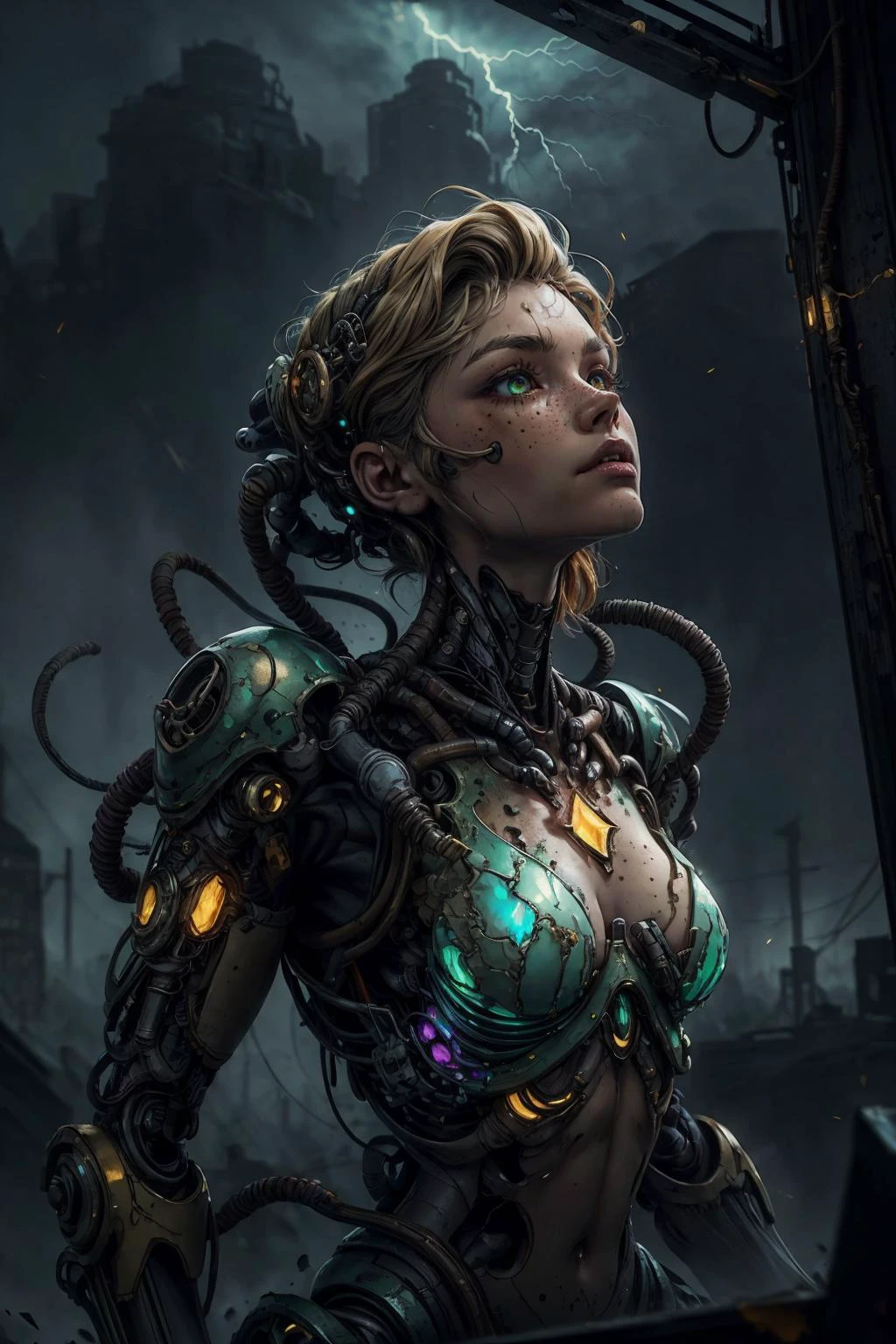 (best quality, masterpiece:1.2), 8k detailed cgi render, thick outlines, strong shadows, <lora:add_detail:0.75>, <lora:sharpen-soften:0.25>, <lora:realistic:0.35>, <lora:kittew_v0.1:0.4>,
1 girl, adult (elven:0.7) woman, freckles, coral eyes, dark blonde sleek hair,
solo, upper body, looking up, detailed background, detailed face, (<lora:ToxicPunkAI:0.6>, ToxicPunkAI theme:1.1), intense expression, glass-cyborg, (made of glass:1.1), glass construct, fighter, crystal armor, clean glass, arcane, magical symbols, sparks, storm in background, cinematic atmosphere,
<lora:3DMM_V12:0.25>, 3DMM,