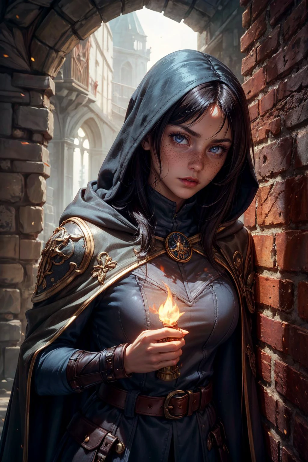 soft lighting, fantastic colorful, (masterpiece:1.2), ultra-detailed, (best quality), illustration, (Depth of field), <lora:tangbohu-detailer_1.0:1>, <lora:sharpen-soften:-0.5>, <lora:realistic:0.1>, <lora:kittew_v0.1:0.4>,
1 girl, adult french woman, freckles, brown eyes, dark brown straight hair,
(style-rustmagic:0.8), portrait, looking at viewer, solo, upper body, detailed background, (high fantasy medieval theme:1.1), exorcist, silver trimmed elaborate intricate leather clothes, cape, straps, belts, pockets, thick flaming (medieval:1.1) wooden torch, imperial seal, hood, dark cellar in background, autumn, eerie atmosphere, dim lighting, shadows, warhammer dark fantasy,