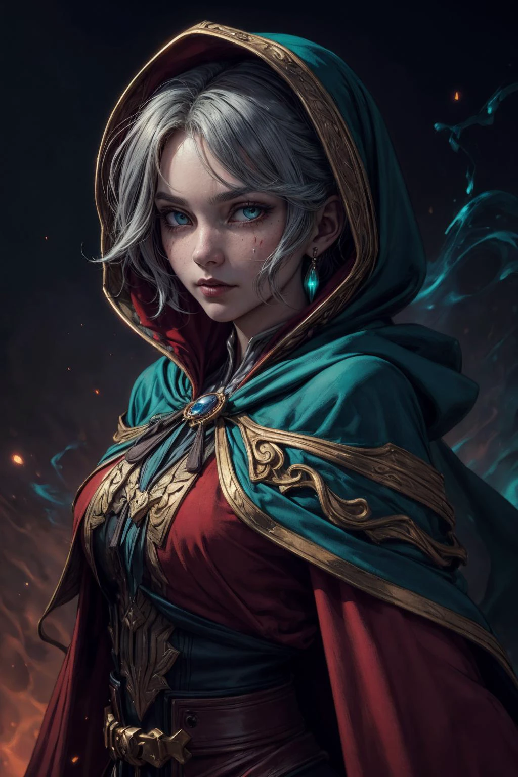 (best quality, masterpiece:1.2), photorealistic, thick outlines, strong shadows, <lora:add_detail:0.75>, <lora:sharpen-soften:0.25>, <lora:realistic:0.35>, <lora:kittew_v0.1:0.4>,
1 girl, adult (elven:0.7) woman, teal eyes, gray layered hair,
(style-swirlmagic:0.9), portrait, looking at viewer, solo, upper body, detailed background, detailed face, hemomancer, crimson spellcaster robes, capelet, hood, dynamic movement, crimson vials stained with blood, (thorny roses:0.7), in background, arcane red power, nighttime, epic atmosphere,