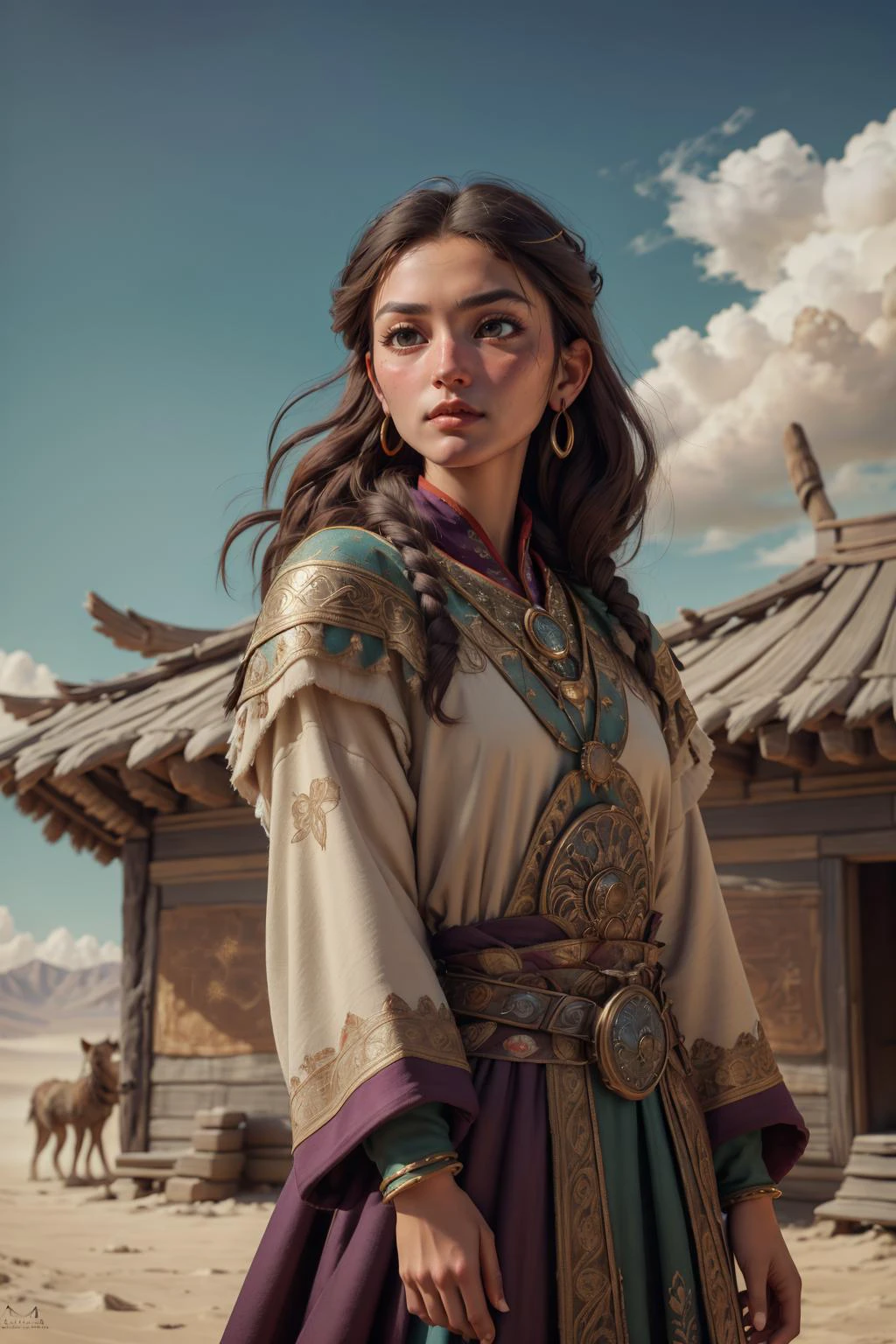 8k uhd, (best quality:1.2), (masterpiece:1.2), very detailed, intricate details, hyper detailed <lora:XenoDetailer:0.5>, <lora:kittew_v0.1:0.8>, <lora:realistic:0.85>,
(1man, muscular adult ukrainian male:1.2), purple eyes, dark blonde hair, sideburns,
portrait, solo, (full body:0.6), looking up, detailed background, detailed face, (<lora:MongolPunkAI:0.6>, MongolPunkAI, mongolian steppe nomad theme:1.1) middle-eastern desert aristocrat, light green ottoman armor, shawl, sunburst motifs movement, north-african culture, pavilions in background, sandstorm, sunshine, fantasy atmosphere,