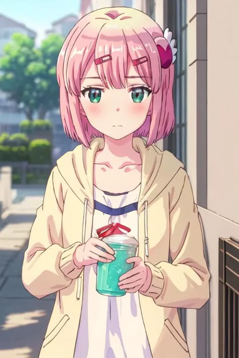 best quality, masterpiece, highres, solo, {chiyoda_momo_thedemongirlnextdoor:1.15}, pink_hair, short_hair, hair_ornament, blush, hairclip, closed_mouth, bangs, shiny_hair, green_eyes, 1girl, blue_shirt, collarbone, hood, jacket, shiny, shirt, upper_body, looking_at_viewer, hood_down, hooded_jacket, yellow_jacket