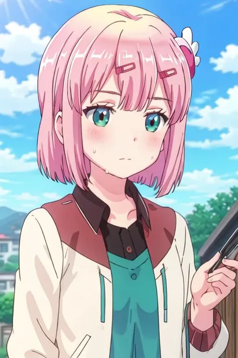 best quality, masterpiece, highres, solo, {chiyoda_momo_thedemongirlnextdoor:1.15}, pink_hair, short_hair, hair_ornament, blush, hairclip, closed_mouth, bangs, shiny_hair, green_eyes, 1girl, shirt, day, outdoors, sky, blue_sky, cloud, shiny, upper_body, collared_shirt, sweat