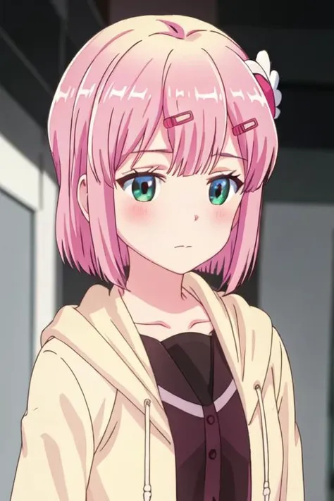 best quality, masterpiece, highres, solo, {chiyoda_momo_thedemongirlnextdoor:1.15}, pink_hair, short_hair, hair_ornament, blush, hairclip, closed_mouth, bangs, shiny_hair, green_eyes