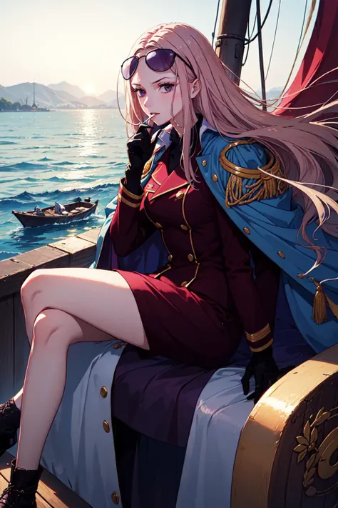 1girl, solo, <lora:Hina_V2:0.6>, Hina, black footwear, block gloves, cigarette, smoking, purple jacket, cape, epaulettes, military uniform, on the boat, on the sea, sunglass on the head, (masterpiece:1.2), highres, best quality, 8k, very clear,