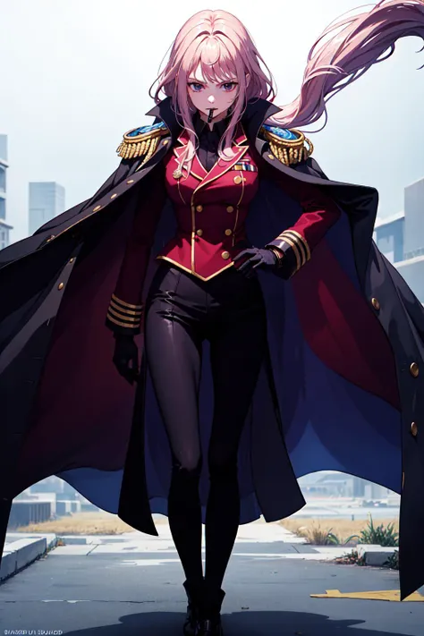 1girl, solo, <lora:Hina_V2:0.6>, Hina, black footwear, block gloves, cigarette, smoking, purple jacket, cape, epaulettes, military uniform, (masterpiece:1.2), highres, best quality, 8k, very clear,