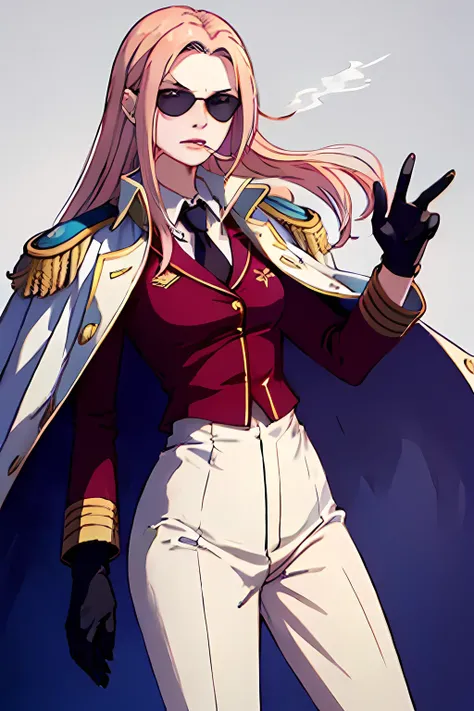 Hina,  <lora:Hina_V2-000004:0.8>, sunglasses, military uniform, cape, epaulettes, cowboy shot, black footwear, black gloves, navy, smoking,, (masterpiece:1.2), highres, best quality, 8k,