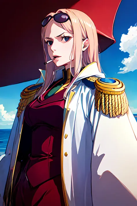 Hina, <lora:Hina_V2-000004:0.7>, cape, epaulettes, military uniform, medium breast, on the boat, cigarette smoking,, (masterpiece:1.2), highres, best quality, 8k,