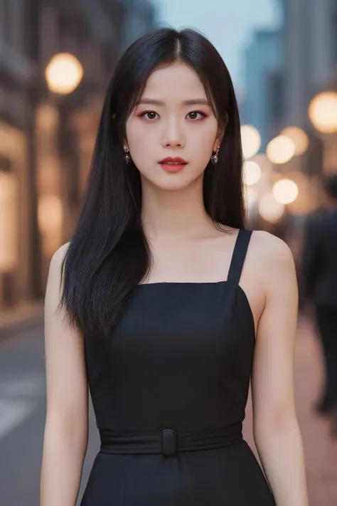 jisoobp1, a woman, (realistic), (hyperrealism), (photorealistic), depth of field, eye makeup:0.5, (upper body:1.2), (narrow waist), looking at the viewer, black dress, walking, at the dark streets, moonrise, <lora:httpbpjisoo:0.45>