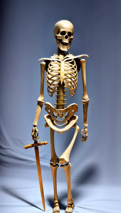 in the bedrrom (Realistic:1.5) woman skeleton standing, holding a sword in right hand  <lora:EdobSkeletonFemale_v1.0:1>