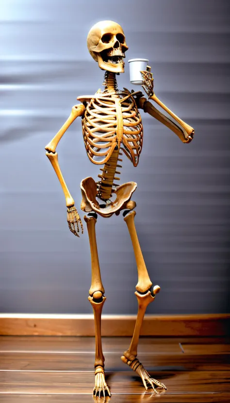 in the bedrrom (Realistic:1.5) woman skeleton standing, drinking a cup of coffee <lora:EdobSkeletonFemale_v1.0:1>