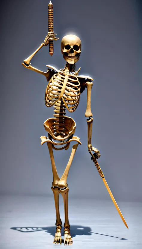 in the bedrrom (Realistic:1.5) woman skeleton standing, holding up a sword in right hand <lora:EdobSkeletonFemale_v1.0:1>