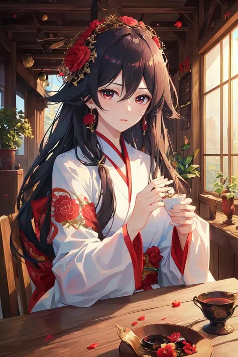 (masterpiece, top quality, best quality, official art, beautiful and aesthetic:1.2),extreme detailed,(fractal art:1.3),(Fu Hua(BV):0.8), 1girl, solo,<lora:Fu Hua_BV_v1.2:0.7>,white kimono,indoors,teahouse,wooden wall,
