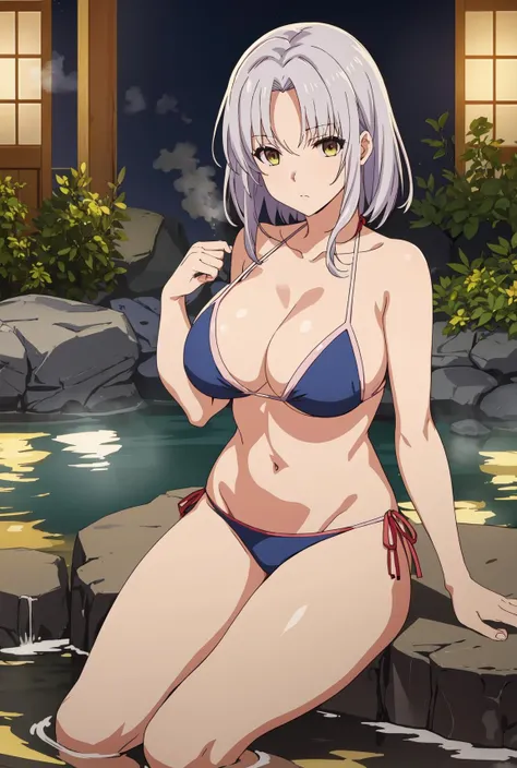 (best quality), (masterpiece), serene_hozumi, bikini, onsen, steam, rocks, plants, night, <lora:serene_hozumi:1>
