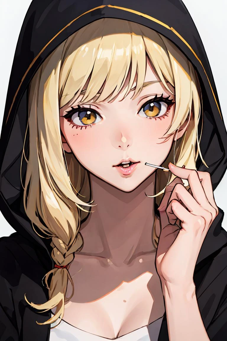 (masterpiece, best quality), 1girl, beautiful face, <lora:Lollipop:1> LIM, lollipop, blonde hair, hooded jacket,