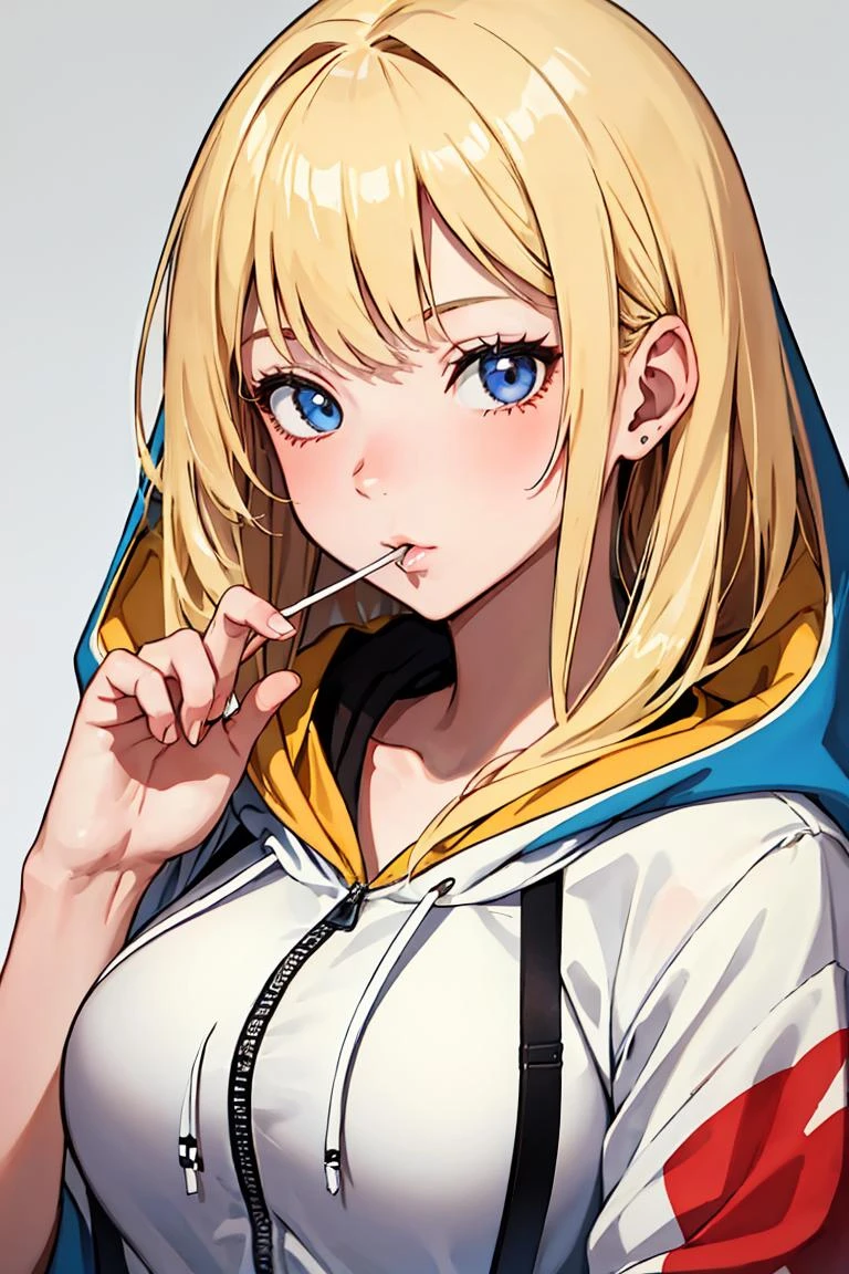 (masterpiece, best quality), 1girl, beautiful face, <lora:Lollipop:1> LIM, lollipop, blonde hair, hooded jacket,