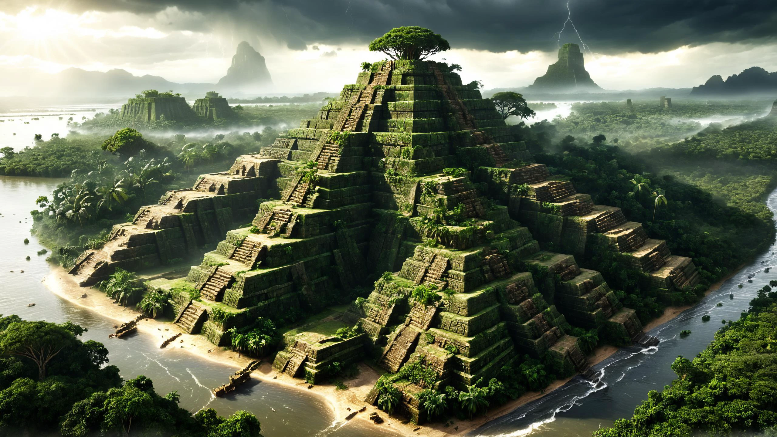 photorealistic, detailed digital illustration of an ancient jungle civilization on the coast with a river running to the ocean and huge trees, <lora:xl_more_art-full_v1:0.4>, Storm Lighting, <lora:EnvyPanoramaXL01:0.8>, <lora:EnvyRadialXL01:0.7> radial, <lora:EnvyAztecArchitectureXL01:0.8> <lora:- SDXL - letitflrsh_let_it_flourish_V1.0:0.4> letitflrsh, <lora:sdxlaarg_aerial:0.8> archiaerialview,