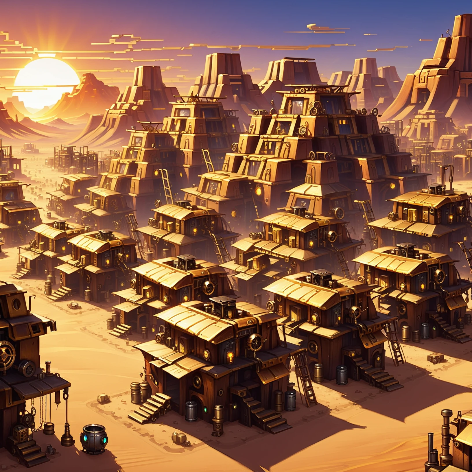 steampunk, golden hour, scenery, shanty town in a Phoenix Desert<lora:EnvyBetterHiresFixXL01:0:hr=1><lora:EnvyAztecArchitectureXL01:1>
