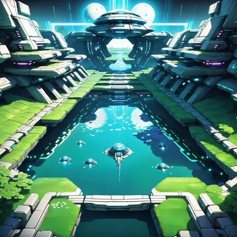 scifi, Pond<lora:EnvyBetterHiresFixXL01:0:hr=1><lora:EnvyAztecArchitectureXL01:1>