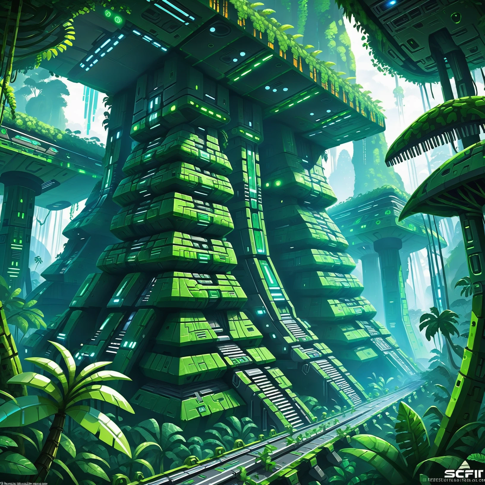 scifi, Tropical Rainforest<lora:EnvyBetterHiresFixXL01:0:hr=1><lora:EnvyAztecArchitectureXL01:1>