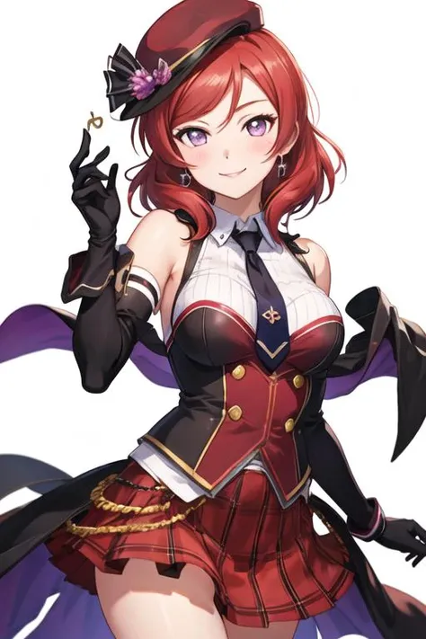 best quality, masterpiece, highres, solo, {nishikino_maki_lovelive:1.15}, red_hair, purple_eyes, blush, short_hair, smile, 1girl, gloves, hair_twirling, hat, looking_at_viewer, necktie, black_gloves, bare_shoulders, elbow_gloves, epaulettes, playing_with_own_hair, simple_background, skirt, treble_clef