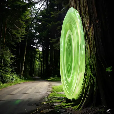 hdr, a large green portal, glowing aura, swiry pattern, outside, forest, dynamic lighting, <lora:greenportal4:.8>, extremely detailed,