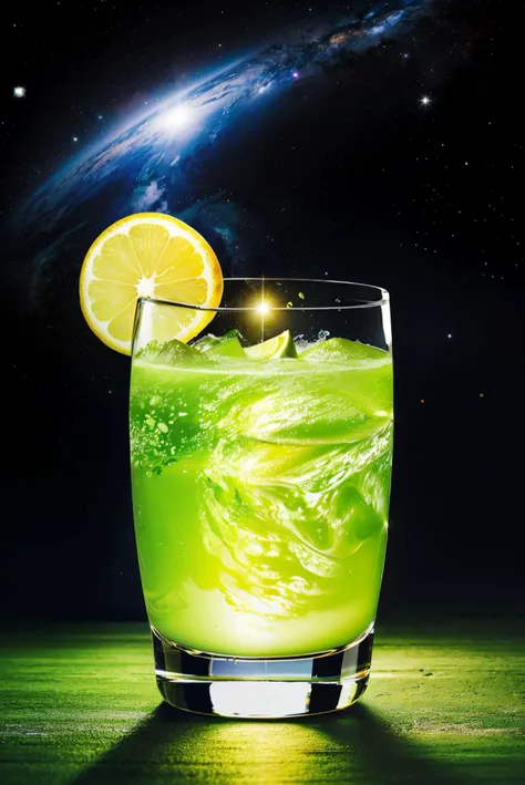 hdr, a glass of green liquid, swirly, lemon slice garnish, glowing aura, dynamic lighting, space background, <lora:greenportal4:.6>, extremely detailed,