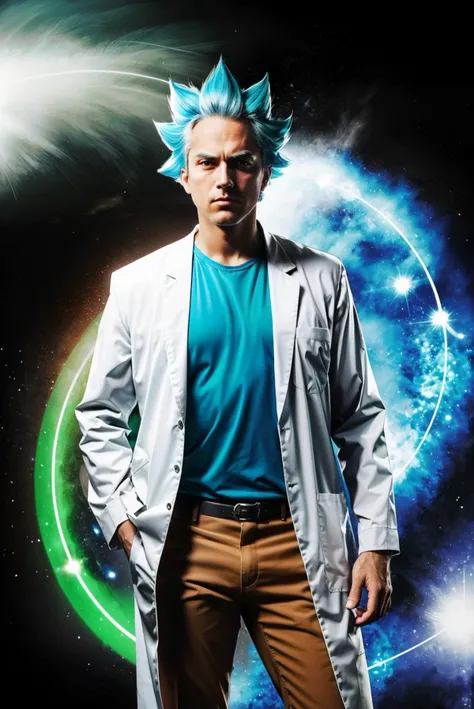 hdr, rick sanchez, senior, lab coat,spiky hair,blue shirt, brown pants, large green portal, swirly, dynamic lighting, standing, looking angry, simple background, <lora:greenportal4:.6>