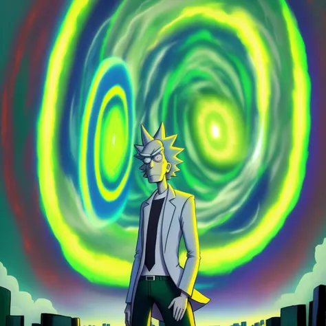 high quality, rick_sanchez standing next to swirling green portal at a distance,city, sunny, blue sky, (portal), <lora:greenportal2:0.7>