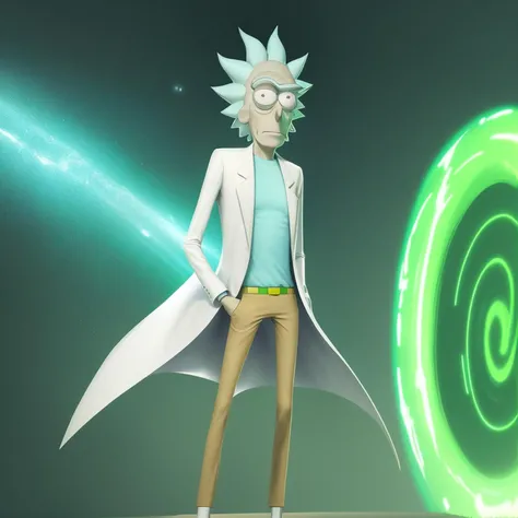 best quality, highres, solo, city, spiked hair, white coat, light blue shirt, brown pants, two legs, detailed eyes, hands in pocket, rick sanchez, standing in front of one green swirling oval portal, <lora:greenportal4:0.7>