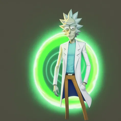 best quality, highres, solo, city, spiked hair, white coat, light blue shirt, brown pants, two legs, detailed eyes, hands in pocket, rick sanchez, standing in front of one green swirling oval portal, <lora:greenportal4:0.7>