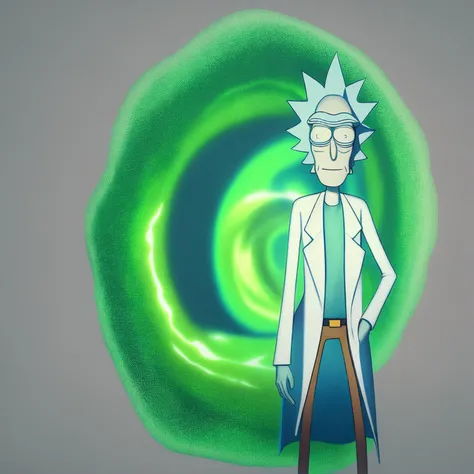 best quality, highres, solo, city, spiked hair, white coat, light blue shirt, brown pants, two legs, detailed eyes, hands in pocket, rick sanchez, standing in front of one green swirling oval portal, <lora:greenportal4:0.9>