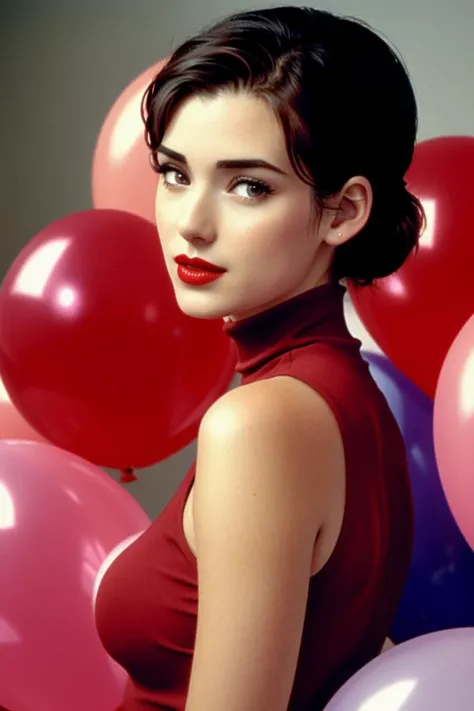 winona, ((red lipstick, blush)),  , photo of a woman, ,fashion portrait photo of a woman from the 60s wearing a red turtleneck standing in the middle of a ton of balloons, taken on a hasselblad medium format camera, ((red lipstick, blush, pale skin)), ((detailed eyes, beautiful eyes, detailed face, beautiful face)),