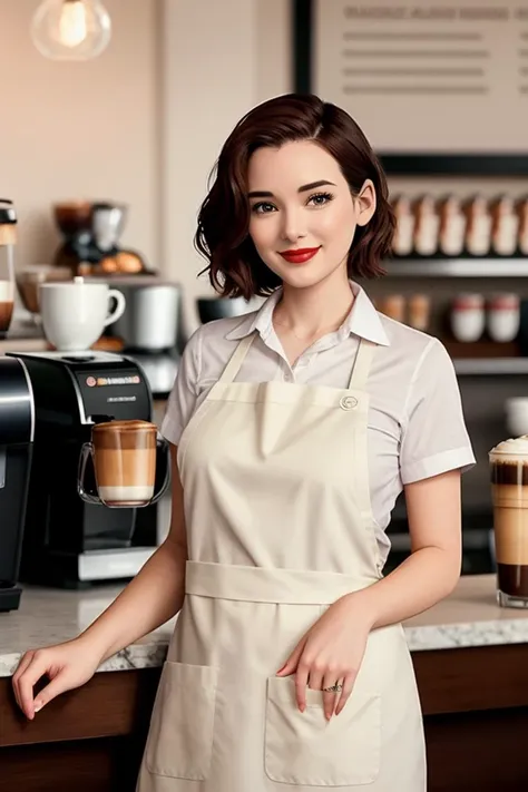 winona, ((red lipstick, blush)),  , ((detailed eyes, beautiful eyes, detailed face, beautiful face):1.2), ((red lipstick, blush, pale skin)), ,photo of a woman, RAW, ((barista uniform, shirt, apron, coffee)), ((short hair, dark red hair)), ((in a coffee shop)), , 8k uhd, dslr, soft lighting, high quality, film grain, Fujifilm XT3 sharp focus, f 5.6, , smiling