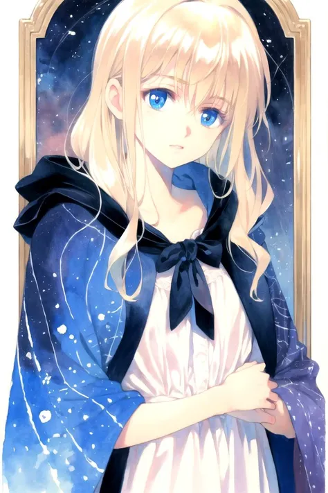 watercolor (medium), traditional media, female with long wavy platinum blonde hair wearing a blue cloak and a chemise, <lora:style19:1>