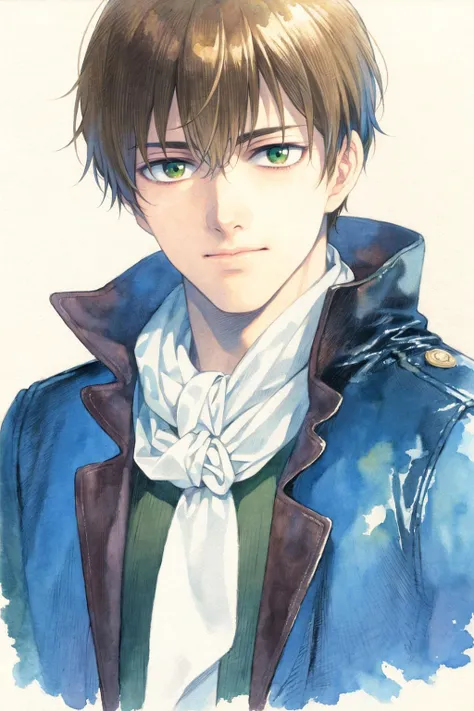 masterpiece, best quality, <lora:style19:1>,watercolor (medium), traditional media, 1boy, solo, male focus, brown hair, upper body, looking at viewer,, white background, scarf, green eyes, simple background, jacket, ascot, coat, closed mouth, portrait
