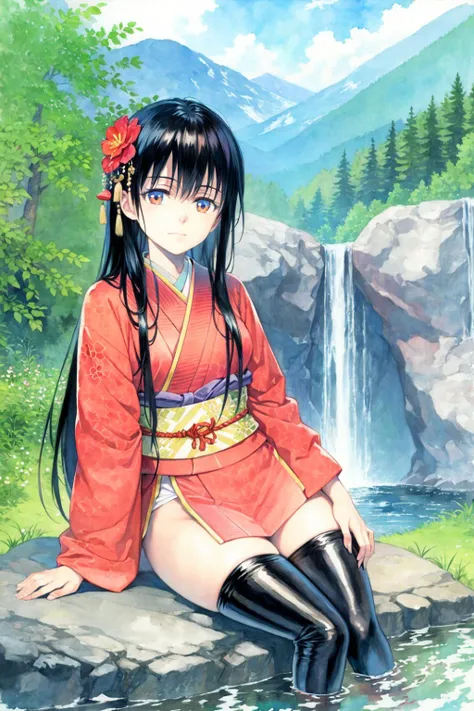 masterpiece, best quality, <lora:style19:1>,watercolor (medium), 1girl, solo, thighhighs, sitting, black hair, japanese clothes, water, hair ornament, flower, kimono, hair flower, long hair, closed eyes, waterfall, tree, sash, outdoors, river, rock, long sleeves, mountain, nature, zettai ryouiki