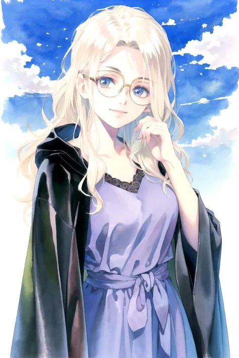 watercolor (medium), traditional media, mature female, solo, looking at viewer, long hair, wavy hair, black robe, purple chemise, round glasses, platinum blonde hair, grey eyes, blue sky, cloud, day, outdoors, smile, solo, sky background, cowboy shot,  <lora:style19:1>