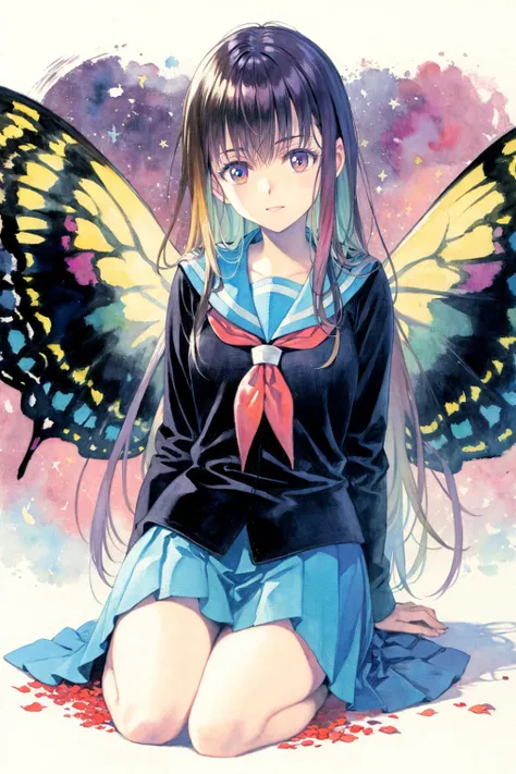 masterpiece, best quality, <lora:style19:1>,watercolor (medium), traditional media, 1girl, solo, long hair, wings, butterfly wings, skirt, school uniform, serafuku, very long hair, blue eyes, long sleeves, blue skirt, multicolored hair, gradient hair, sailor collar, looking at viewer, colorful, multicolored eyes, shirt, neckerchief, white shirt, pleated skirt, bangs, blue sailor collar, brown hair, kneeling, full body, sitting, multicolored wings, acrylic paint (medium), petals, purple hair, star (symbol), closed mouth