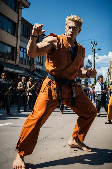 RyoSaka, blonde hair, muscular, orange dougi, orange pants, black belt, barefoot, looking at viewer, serious, dynamic shot,
fighting pose, outside, city street, blue sky, crowd, extreme detail, hdr, <lora:RyoSakazaki-DocStasis:.7>