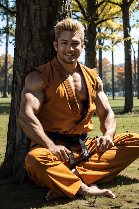 RyoSaka, blonde hair, muscular, orange dougi, orange pants, black belt,barefoot, looking at viewer, serious, smiling,
sitting, on grass, legs crossed, outside, field, trees, autumn, overcast, extreme detail, hdr, <lora:RyoSakazaki-DocStasis:.7>