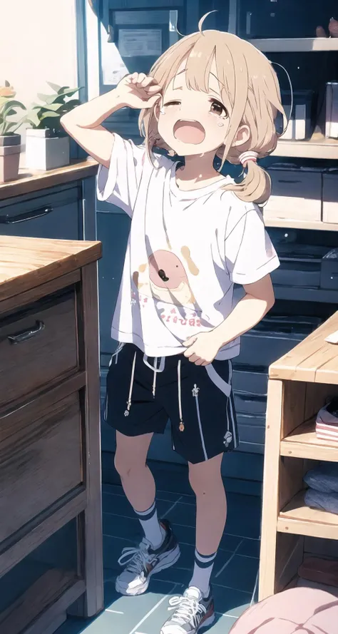 (Masterpiece:1.2, high quality),cozy anime,<lora:cozy anime_20230630155224:0.7>,best quality,masterpiece,highres,absurdres,ankimo,open mouth,shirt,white shirt,ahoge,short sleeves,one eye closed,striped,tears,low twintails,stuffed toy,stuffed animal,bike shorts,t-shirt,clothes writing,stuffed bunny,yawning,striped shorts,
<lora:AnzuFutaba:0.7>,