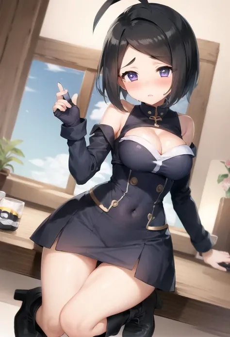 beautiful, (masterpiece:1.2), (best quality:1.2), perfect lighting, perfect eyes, perfect face, 1girl, bikini, bikini under clothes, black bikini, black choker, black gloves, black hair, black lips, black nails, black skirt, breasts, choker, cleavage, cropped jacket, cross, earrings, eyeliner, eyeshadow, fingerless gloves, gloves, hand on hip, highleg, highleg bikini, huge breasts, jacket, jewelry, lips, lipstick, long hair, makeup, microskirt, miniskirt, navel, open clothes, open jacket, red eyes, skirt, sleeves pushed up, solo, standing, striped, striped bikini, striped thighhighs, swimsuit, thighhighs, thighs, underboob